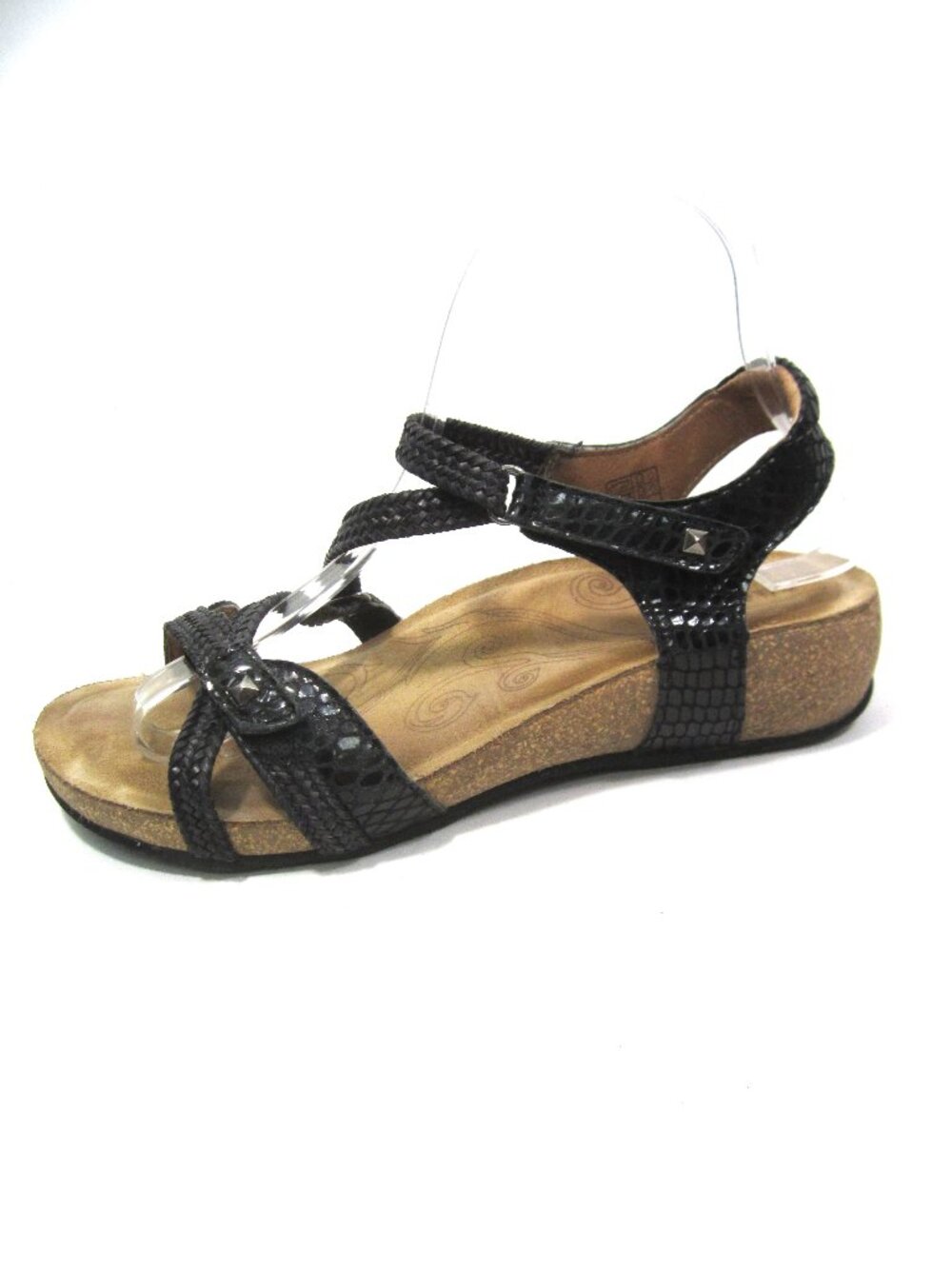 Taos Size 7 7.5 Trulie Black Sandals Snake Patent Leather Ankle Strap Wedge